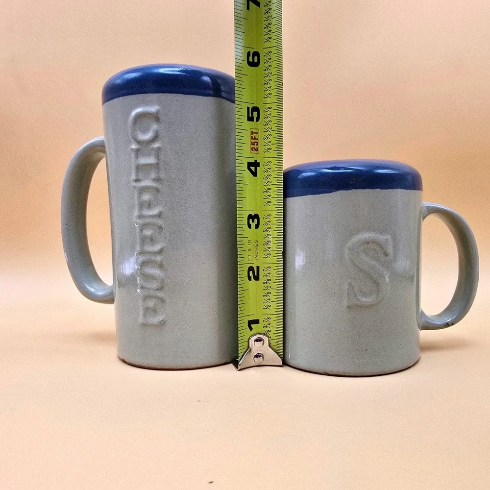 Vintage Ceramic Salt & Cheese Shakers Blue Lids Mug Style w/ Handles 